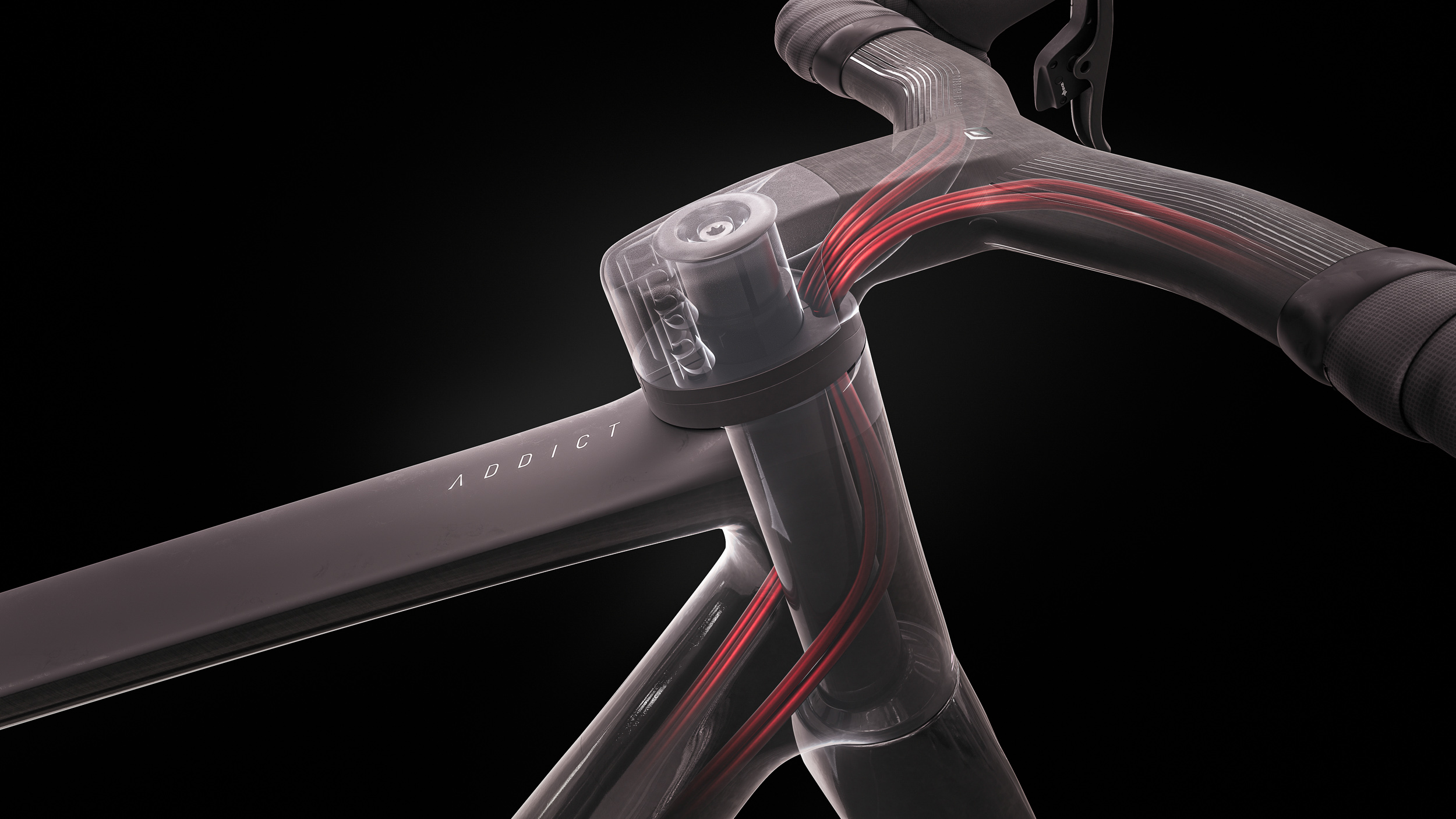 Scottov patentovaný "Eccentric bicycle fork shaft" vytvára priestor pre všetky vedenia a lanká