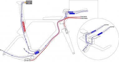 Wiring diagram: the Di2 cable routing inside the handlebar is particularly difficult (the electric wires of the Shimano Di2 TT Brake Levers are missing in this image).
