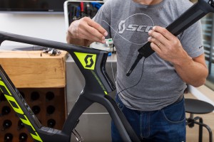 Use a routing cable again to guide the second wire through the seat tube and into the bottom bracket.